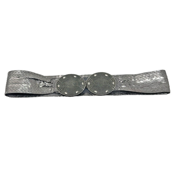 Vtg Morris Moskowitz Medium Belt Gunmetal Metallic Snakekin Nailhead Buckle